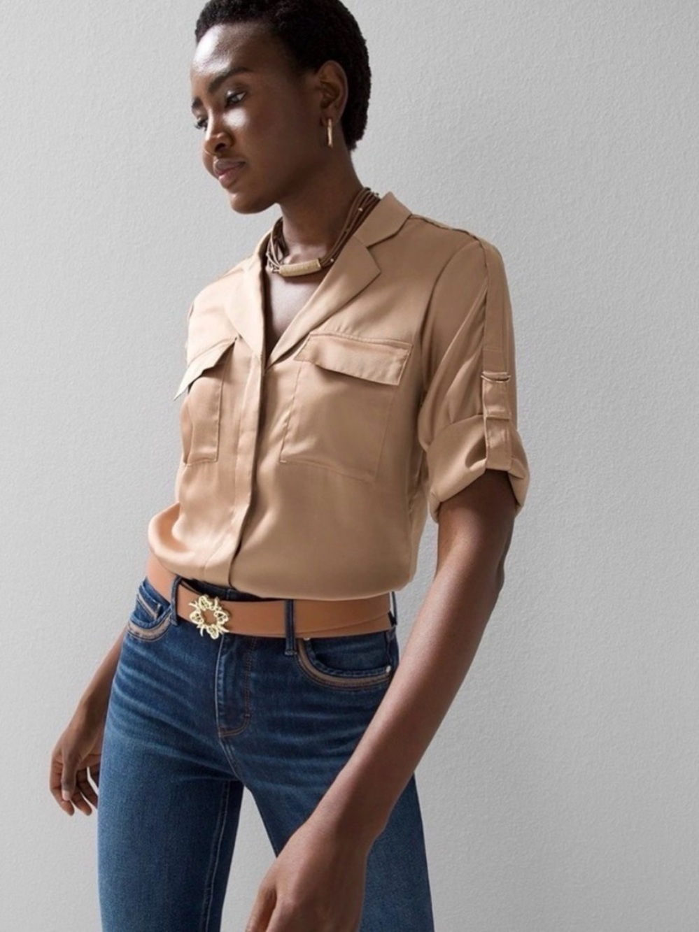 WHBM Satin Utility Shirt, tab sleeves,  Bronze brown, small